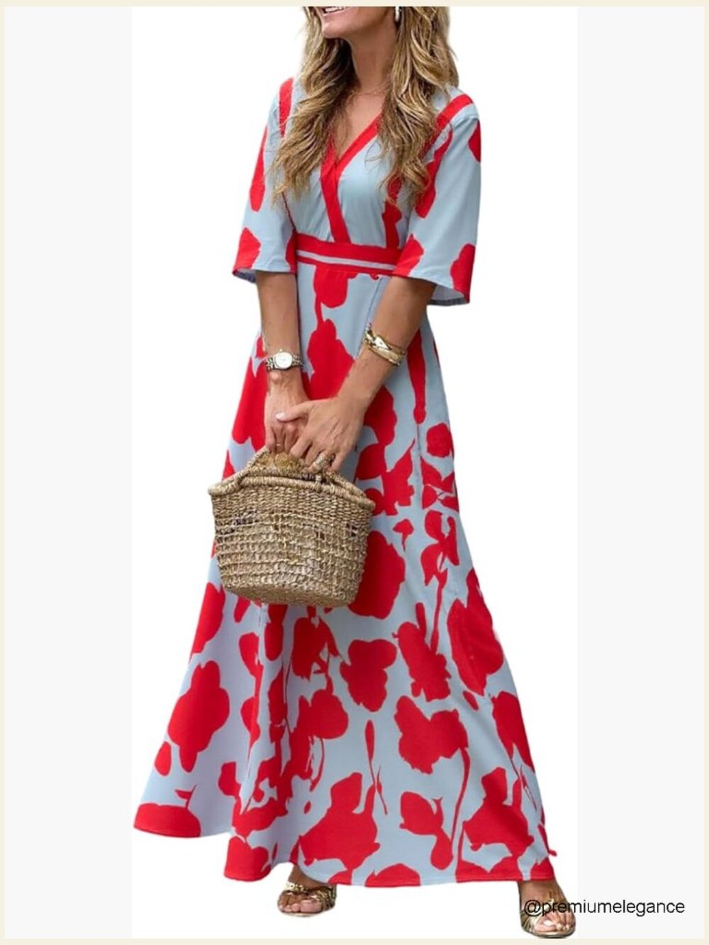 Boho Floral Maxi Dress with Cross V-Neck, Side Pockets, Split Hem